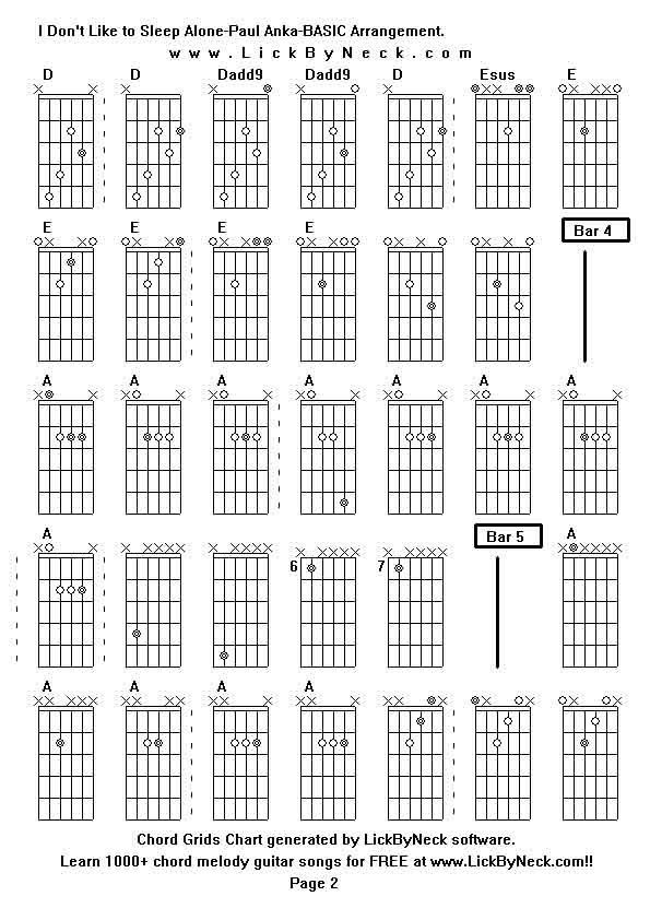 Chord Grids Chart of chord melody fingerstyle guitar song-I Don't Like to Sleep Alone-Paul Anka-BASIC Arrangement,generated by LickByNeck software.